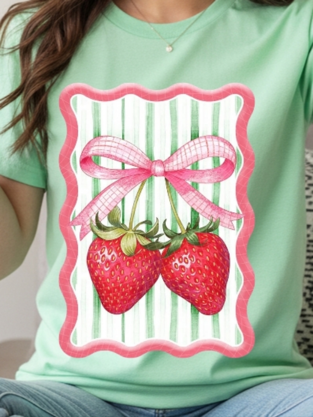 Gildan Mint Green Tee with Pink Bow & Strawberry Graphic